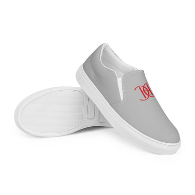 Cachy’s Urban grey slip-on canvas shoes with minimalist red logo design and streetwear aesthetic