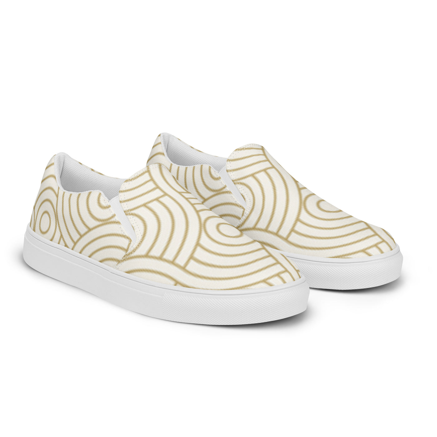 White slip-on canvas shoes with minimalist beige concentric circle tribal pattern and Cachy’s Urban branded insoles