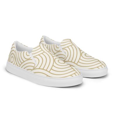 White slip-on canvas shoes with minimalist beige concentric circle tribal pattern and Cachy’s Urban branded insoles